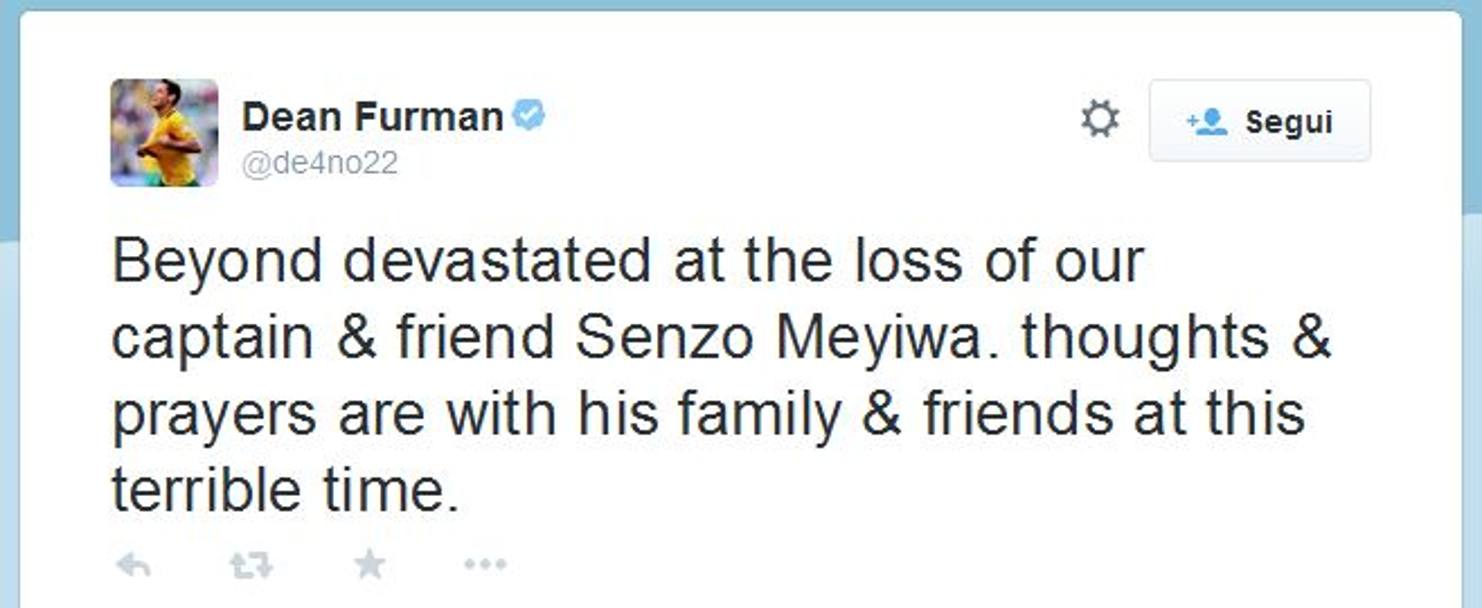 Altri compagni di Meyiwa hanno manifestato il loro dispiacere sulla Rete. 
